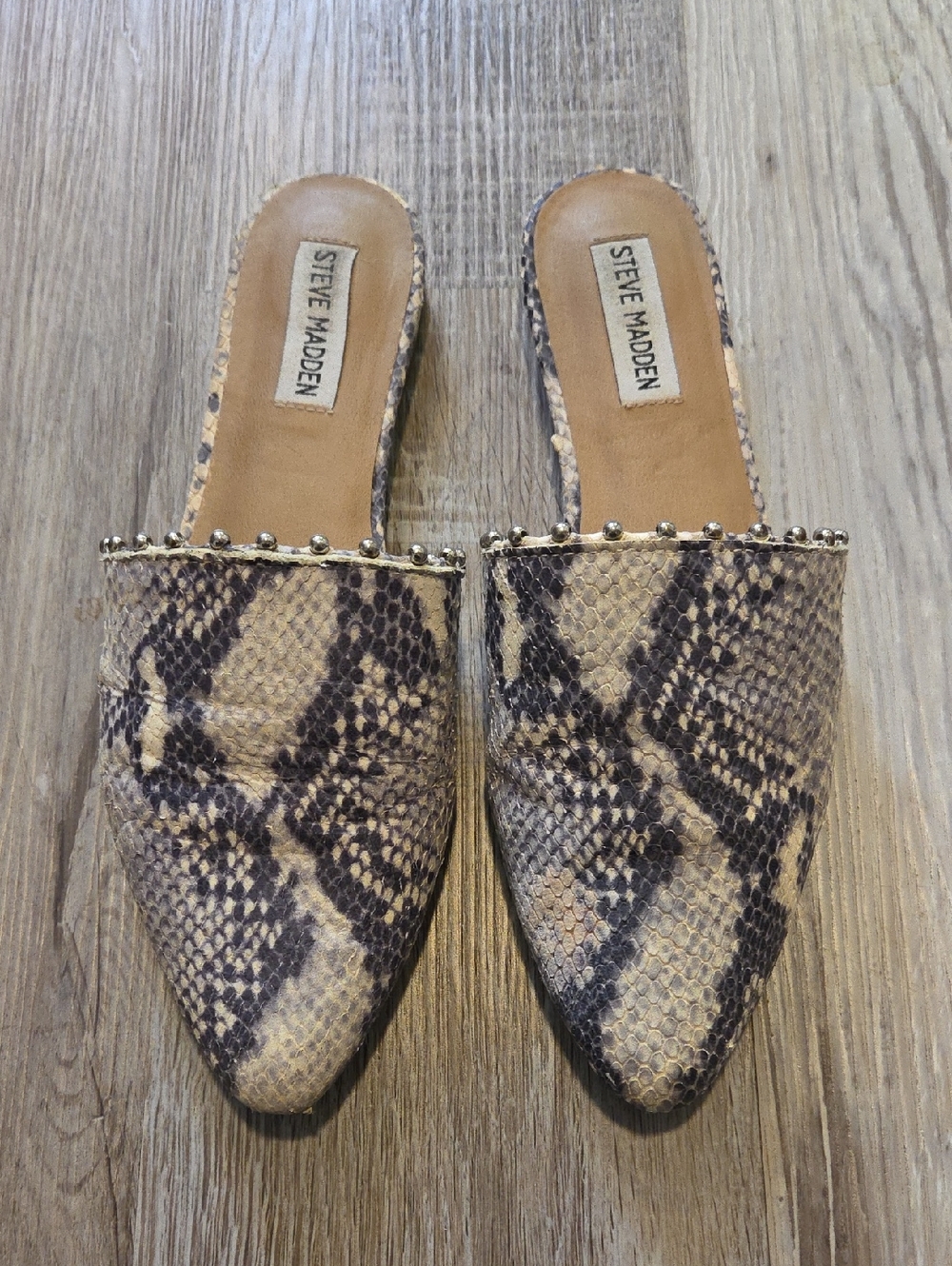 Steve Madden Snake-Print Pointed Slide Mules with Stud Trim